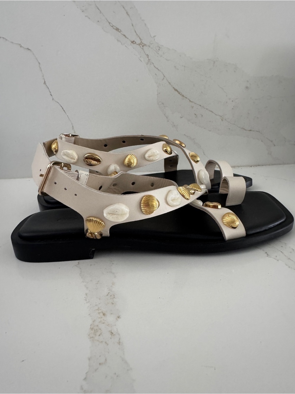FREDA SALVADOR - PAXTON SANDAL IN BONE CALF W/ GOLD SHELLS - Picture 3 of 5